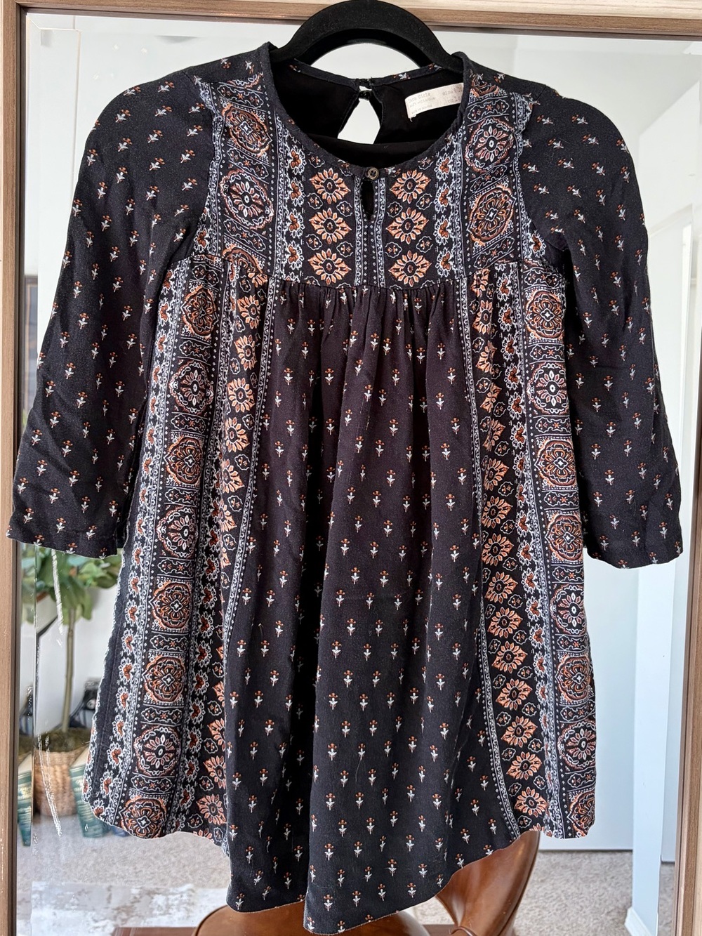 Zara printed Short Dress Puff Sleeves Empire Waist Button Up Black size Girls 10
